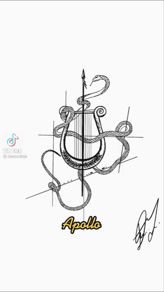 an artistic drawing of a snake holding a bow with the word apollo on it