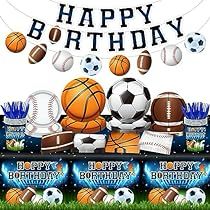 happy birthday banner with sports items and decorations