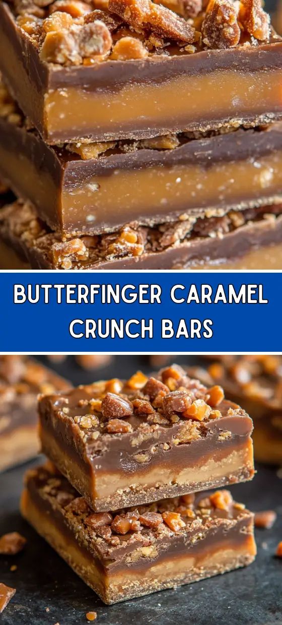 chocolate peanut butterfingerer caramel crunch bars are stacked on top of each other