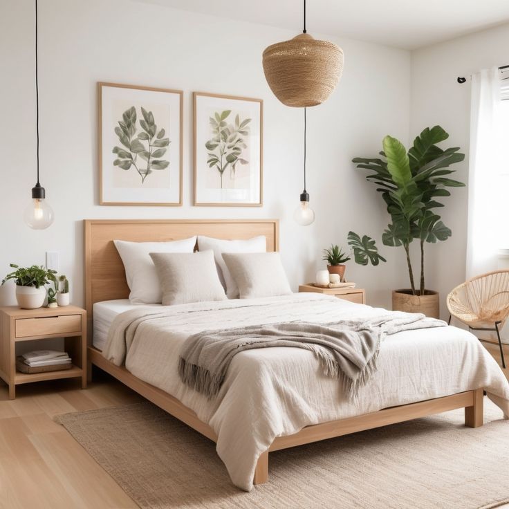 a bedroom with white walls and wooden furniture, including a large bed in the center