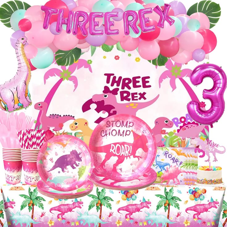 PRICES MAY VARY. 🦖 THE BEST THIRD DINOSAUR PARTY – Kids of all ages love dinosaurs. So, planning the perfect party with a dinosaur theme is a fantastic way to celebrate your daughter's third birthday! The elements of dinosaurs and pink features are dreamy and perfectly match your party. Welcome to the pink dinosaur world. 🍃 THREE REX BIRTHDAY PARTY DECORATIONS INCLUDES - 42 x 12’’ latex balloons | 12 x 5’’ latex balloons | 4 x artificial leaves | 11 x foil balloons | 1 x backdrop | 1 x tablecl Dinosaur Third Birthday Party, Three Rex Birthday Party Girl, Dinosaur Third Birthday, Dinosaur 3rd Birthday Party, Three Rex Birthday Party, Dinosaur 3rd Birthday, Backdrop Balloon Garland, Three Rex Birthday, Third Birthday Girl