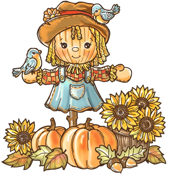 a scarecrow with sunflowers and a bird