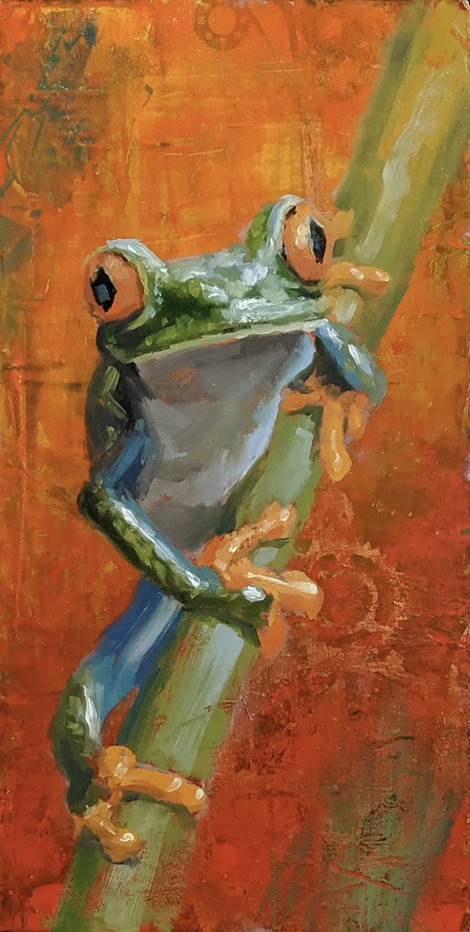 a painting of a frog sitting on a tree branch