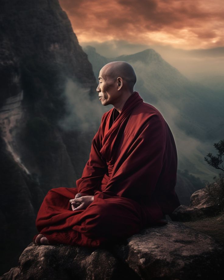 a man sitting on top of a rock next to a mountain under a cloudy sky