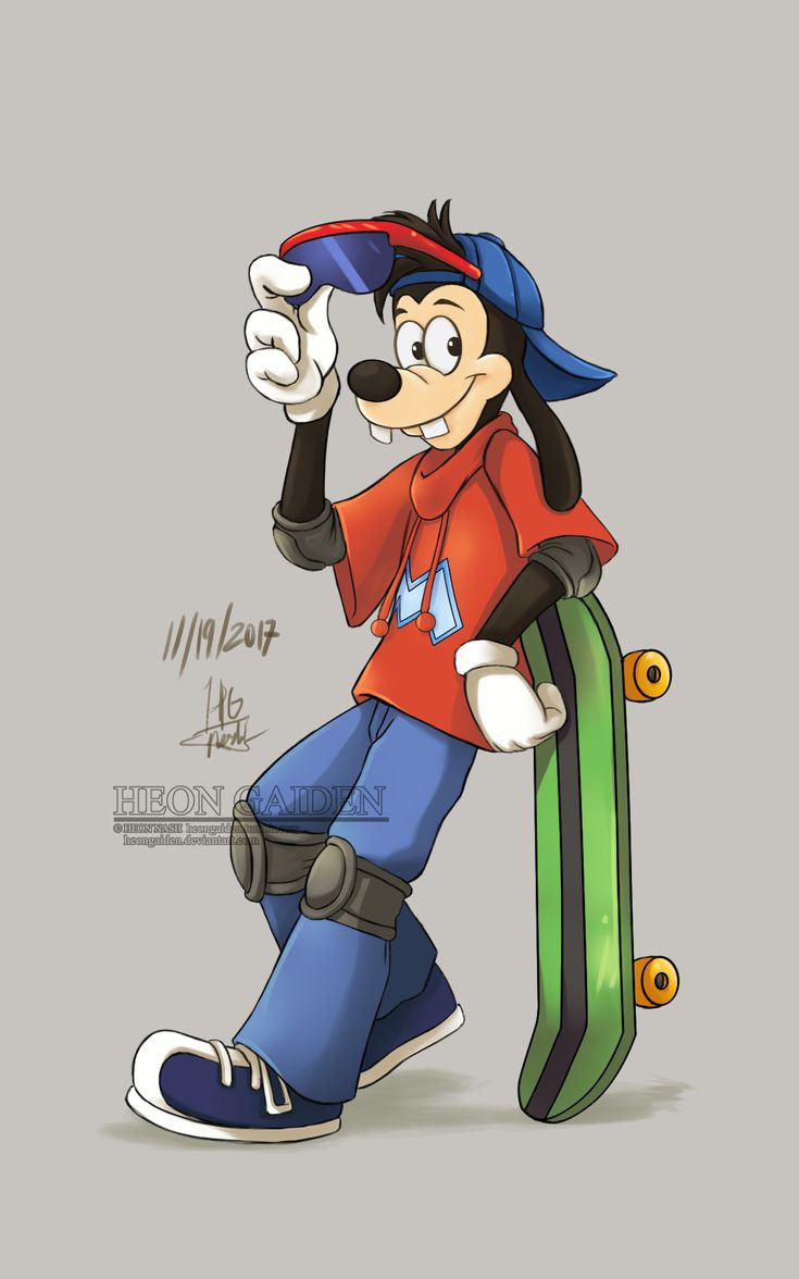 mickey mouse holding a skateboard and pointing to the side with his hand on it