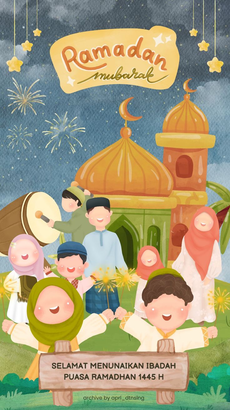 the ramaan mubarah poster is shown with children and adults in front of it