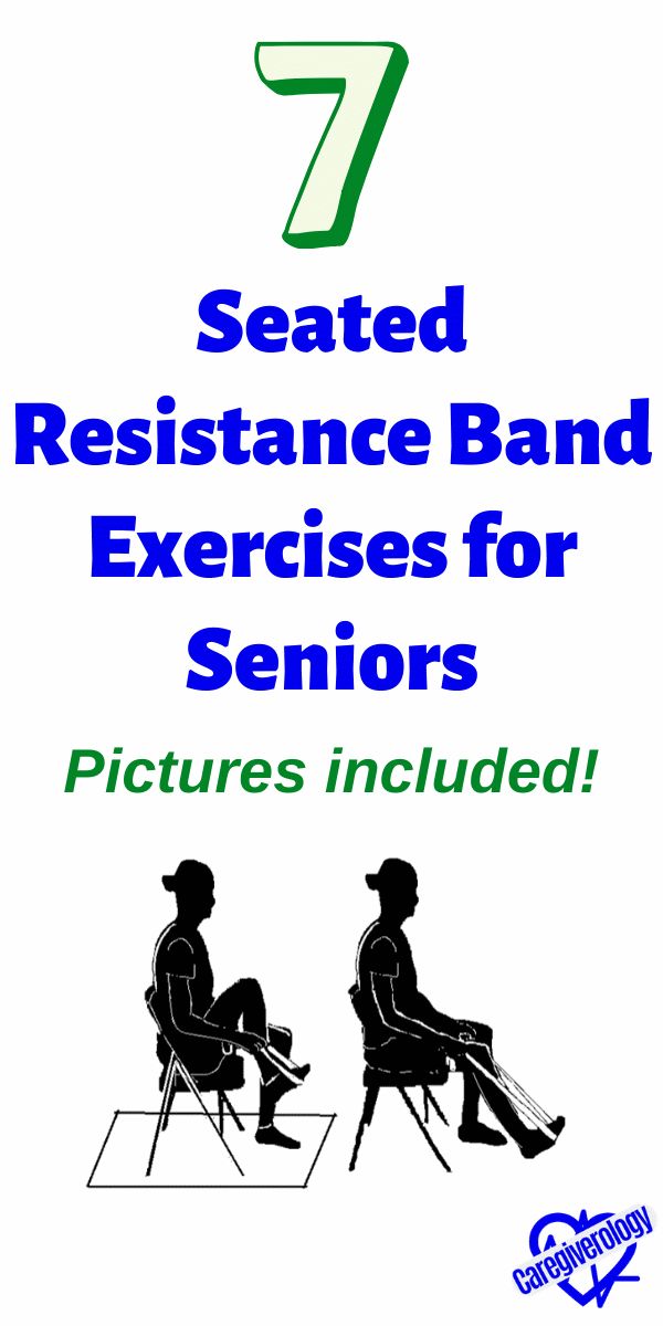 the seven seated resistance band exercises for seniors are shown in black and white with blue lettering