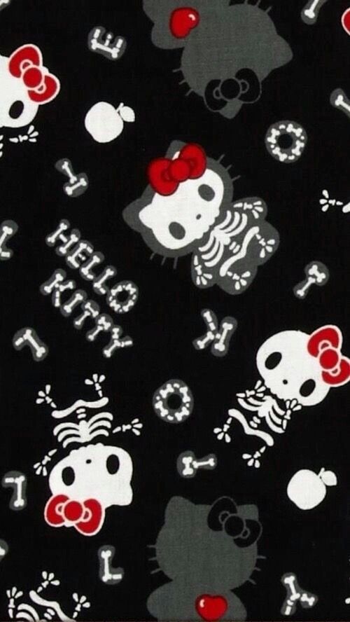 a black background with hello kitty skulls and bones