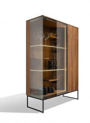 a wooden cabinet with glass doors and shelves