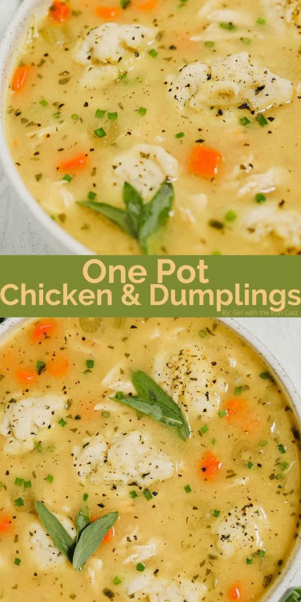 one pot chicken and dumpling soup in a white bowl