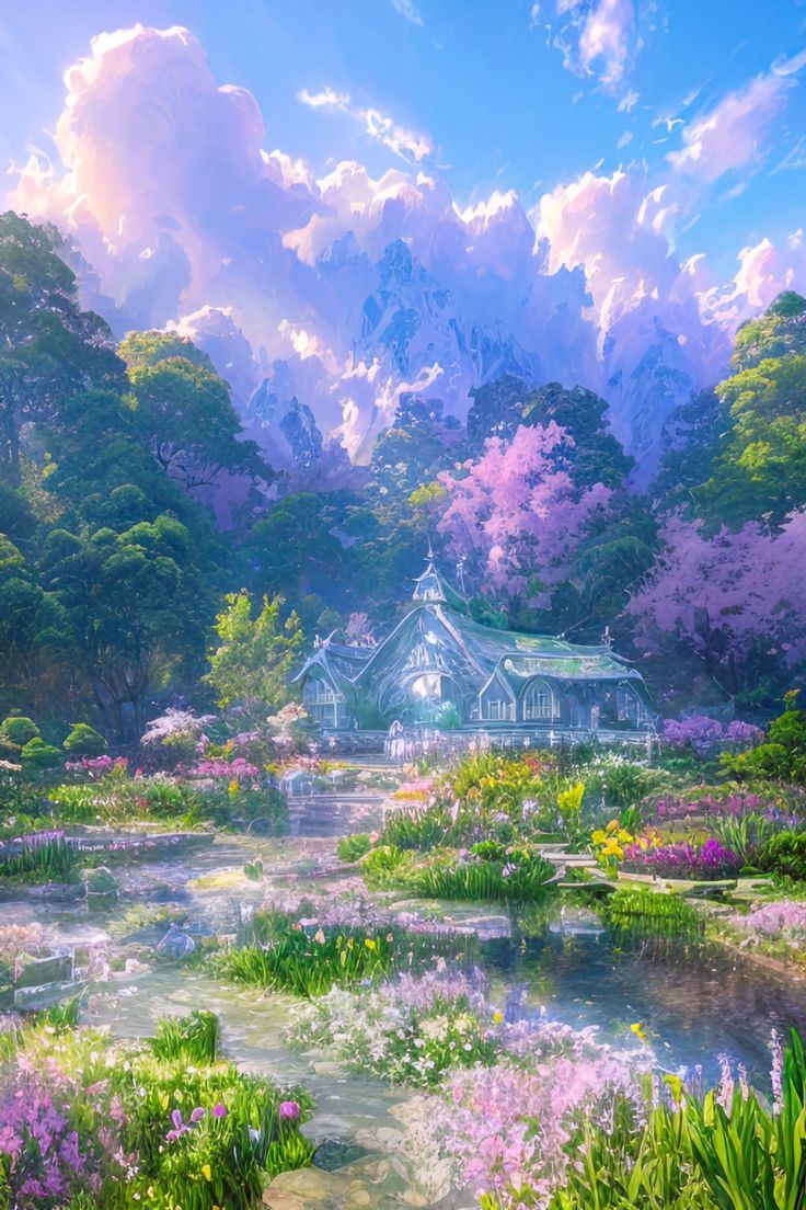 a painting of a house surrounded by flowers and trees