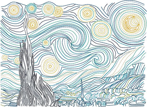 the starry night with swirls and buildings on it is shown in this drawing