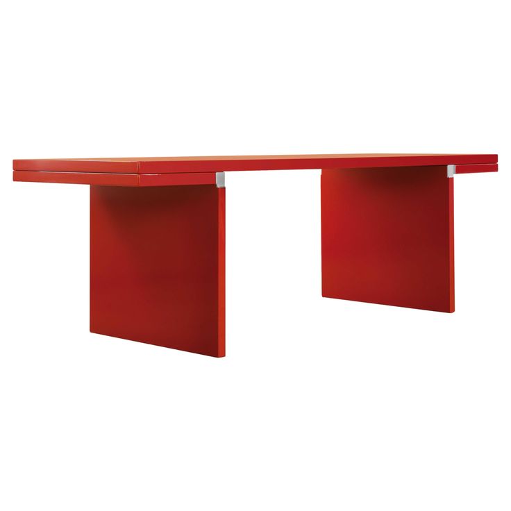 a red table with two shelves on each side