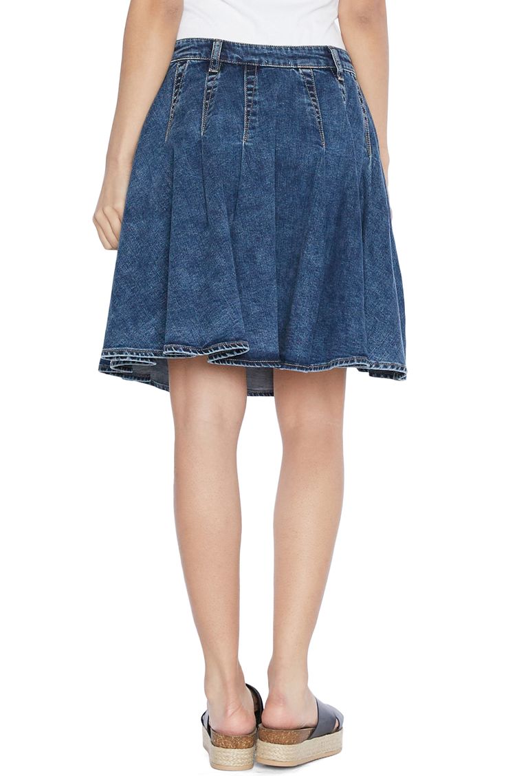 Easy-moving pleats lend swingy movement to this denim skater skirt. 96% cotton, 3% polyester, 1% spandex Machine wash, tumble dry Imported Trendy Cotton Flared Denim Skirt, Casual A-line Denim Skirt For Spring, Dark Wash Pleated Skirt For Spring, Spring Dark Wash Pleated Skirt, Denim Blue Cotton Pleated Skirt, Pleated Denim Blue Cotton Skirt, Denim Pleated Flared Skirt, Casual A-line Denim Skirt, Casual Stretch Knee-length Pleated Skirt