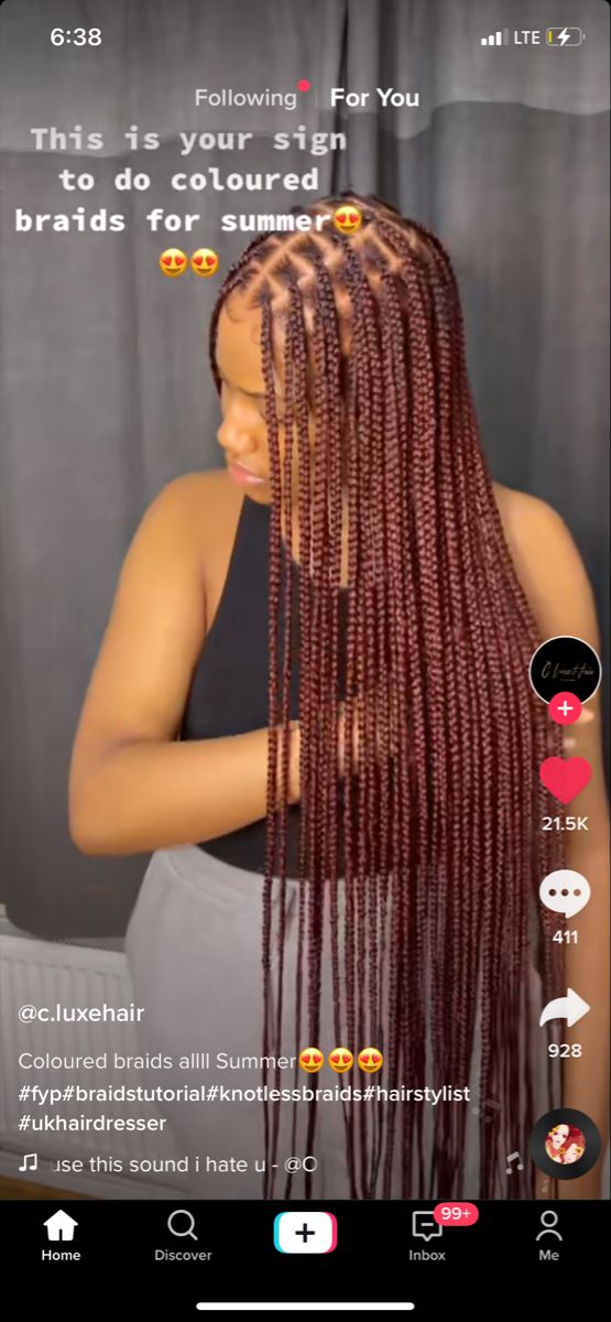 Small Knotless Box Braids Long Color 30, Wine Color Braids For Black Women, Brownish Red Box Braids, Small Knotless Box Braids Long Red, Small Knotless Box Braids Long Ginger, Color Block Knotless Braids, Marron Knotless Braids, Braided Hairstyles For Black Women Burgundy, 30 Braiding Hair Color Box Braids