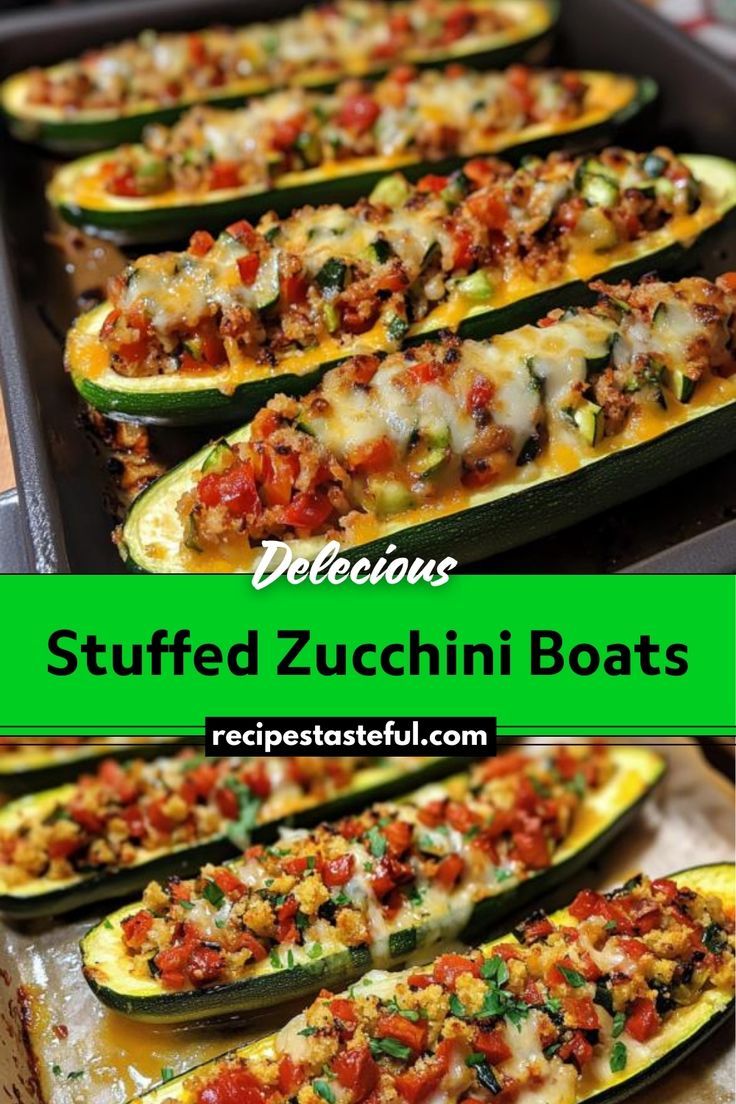 stuffed zucchini boats in a baking pan