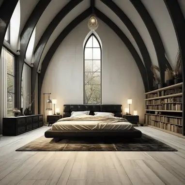 a large bed sitting in the middle of a room next to a book shelf filled with books