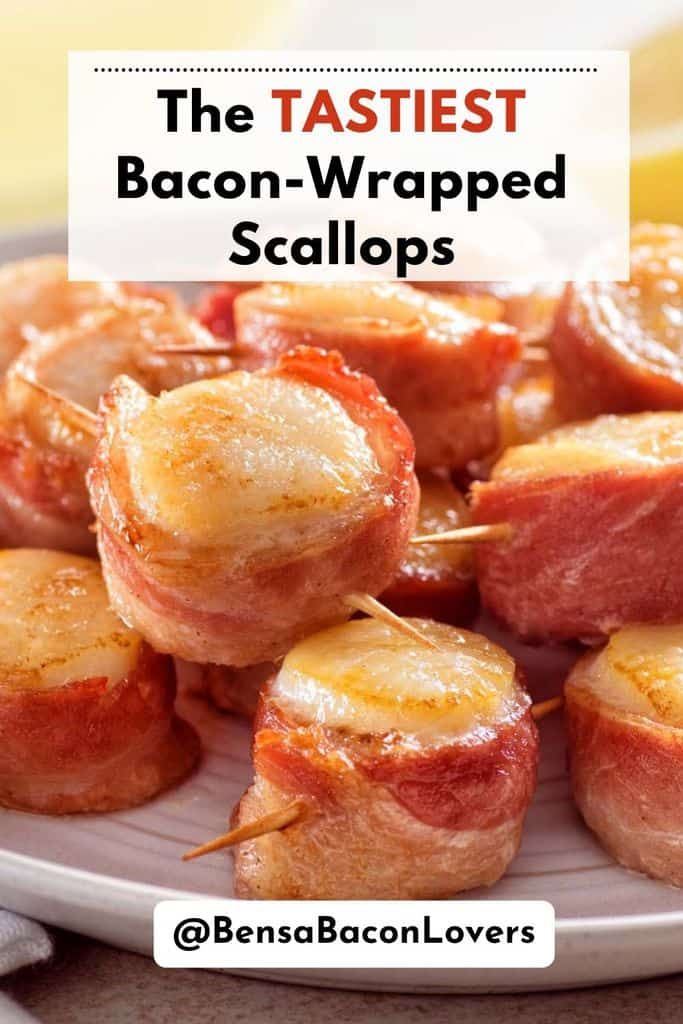 bacon wrapped scallops on a plate with lemon wedges