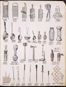 an old book with different types of kitchen utensils