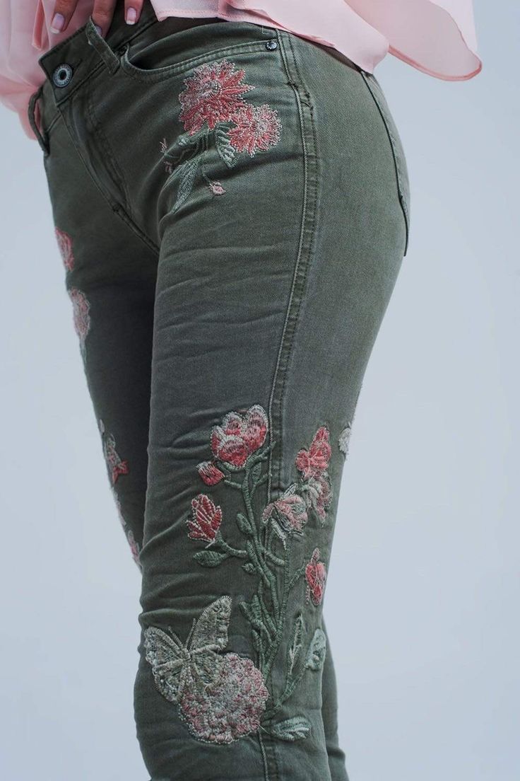 Khaki Jeans with Embroidered Flower - Himelhoch's Jeans With Embroidery, Cool Girl Style, Khaki Jeans, Cute Jeans, West Palm Beach, Khaki Green, High Rise Jeans, Green Cotton, Embroidered Flowers