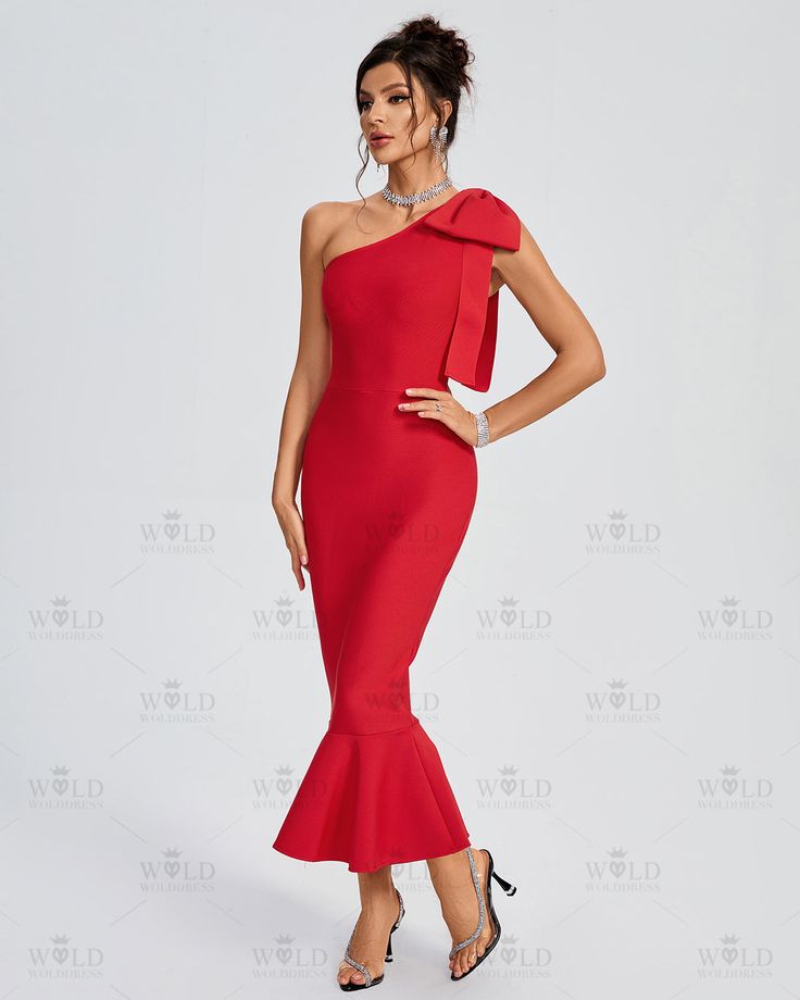 Be the center of attention in our One Shoulder Bow Bandage Fishtial Dress. The vibrant red color and bow detail on the left shoulder create a bold and sophisticated look. With a flirty ruffled hem, this dress will make you feel like a work of art. Our Style No.OW23350 95%Polyester, 5%Spandex Very Stretchy Height - 68.9"/175cm Bust - 34.6"/88cm Waist - 25.6"/65cm Hips - 36.6"/93cm and wears size S Gentle Dry Clean Only About Wholesale/Dropshipping, please contact us! Note: Colour may vary due to Fishtail Dress, Shoulder Design, Bow Detail, Vibrant Red, Ruffle Hem, Red Color, Red Dress, The One, One Shoulder