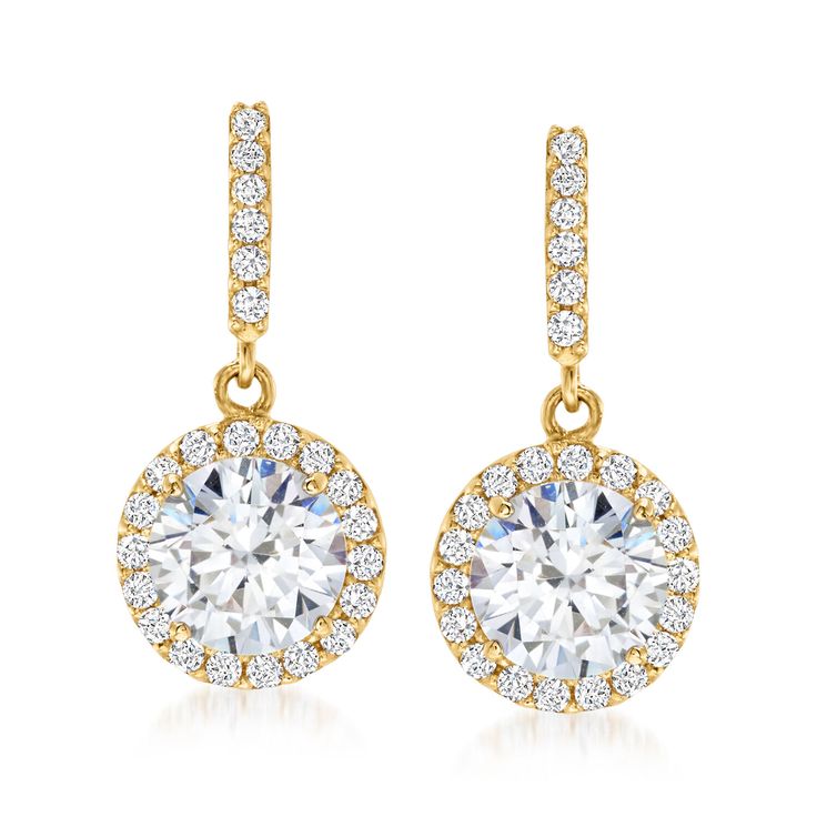 Ross-Simons - 1.80 ct. t. w. Cubic Zirconia Halo Drop Earrings in 14kt Yellow Gold. A glittery pair of 1.80 ct. t. w. CZ drops glisten with a sparkling halo of more petite CZ rounds. Set in polished 14kt yellow gold. Hanging length is 5/8". Post/clutch, CZ halo drop earrings. CZ weights are diamond equivalents. Gold Bridal Earrings With Brilliant Cut Dangle, Dazzling Gold Diamond Earrings With Halo, Yellow Gold Halo Design Dangle Diamond Earrings, Yellow Gold Earrings With Halo Setting For Wedding, Yellow Gold Halo Setting Earrings For Wedding, Yellow Gold Halo Earrings For Wedding, Gold Cubic Zirconia Halo Diamond Earrings, Yellow Gold Halo Earrings With Cubic Zirconia, Dazzling 14k Gold Diamond Earrings