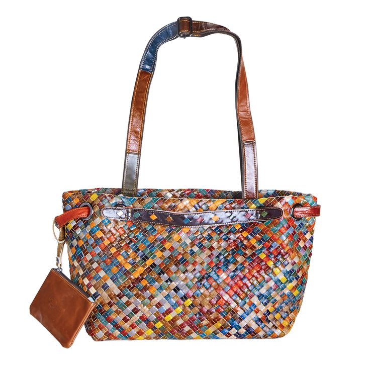 A spacious bag right-sized to hold the essentials for the day. Woven leather in colorful strips adds style and textural interest, but it doesn't stop there: This bag is hard-working and versatile, from the spacious main compartment (partial zip closure) with two pockets (cell phone and accessories) to its dual flat handles and detachable adjustable shoulder strap (30-52"). Fully lined. Bonus zippered coin purse included. 14"w x 11"h x 6"d. Imported. Specify Red or Multi. Multicolor Leather Satchel With Large Capacity, Multicolor Large Capacity Leather Satchel, Multicolor Satchel-shaped Bucket Bag, Multicolor Satchel Bucket Bag For Daily Use, Multicolor Leather Bags With Zipper Closure, Multicolor Satchel With Zipper Closure For Daily Use, Multicolor Satchel With Zipper For Daily Use, Multicolor Large Capacity Satchel For Everyday Use, Multicolor Double Handle Bucket Bag For Travel