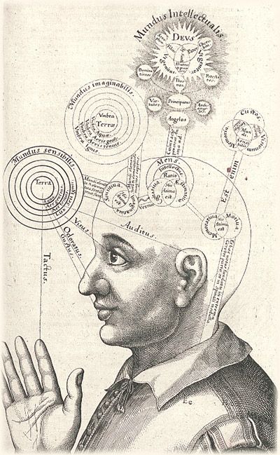 a drawing of a man with many circles on his head and hands in front of him