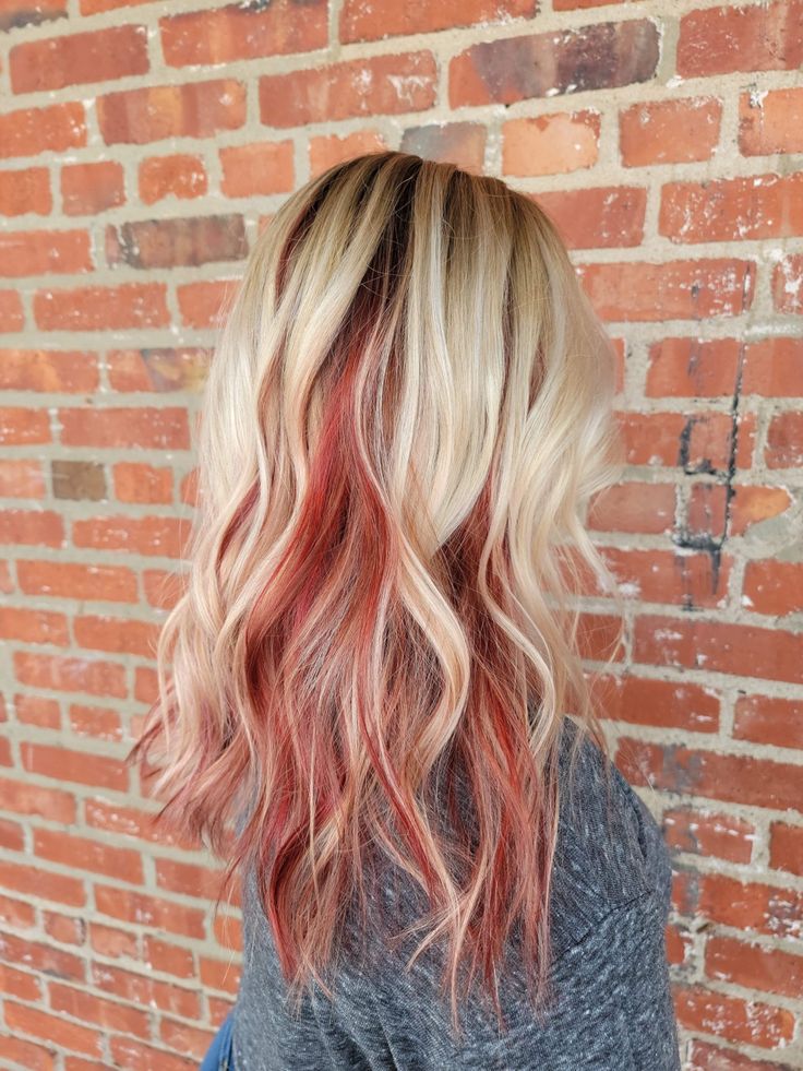 Blonde With Colored Peekaboo, Platinum Blonde With Copper Underneath, Blonde Ideas For Fall, Fall Blonde Hair With Red, Red With Blonde Highlights Peekaboo, Blonde With Red Peekaboo Highlights, Blonde With Fun Colors Underneath, Blond Hair With Underneath Color, Blonde And Vibrant Hair