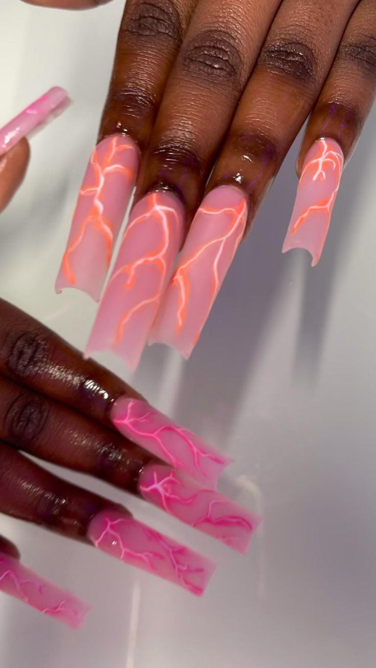 2023 Trendy Nail Designs, Easy Long Acrylic Nails, Mail Designs Acrylic Long, Long Nails Design Ideas 2023, Spring Nails Long Acrylic, Orange Long Nails Acrylic, Long Gel Nail Designs, Pink Glow In The Dark Nails Acrylic, Summer Nails Coffin Long