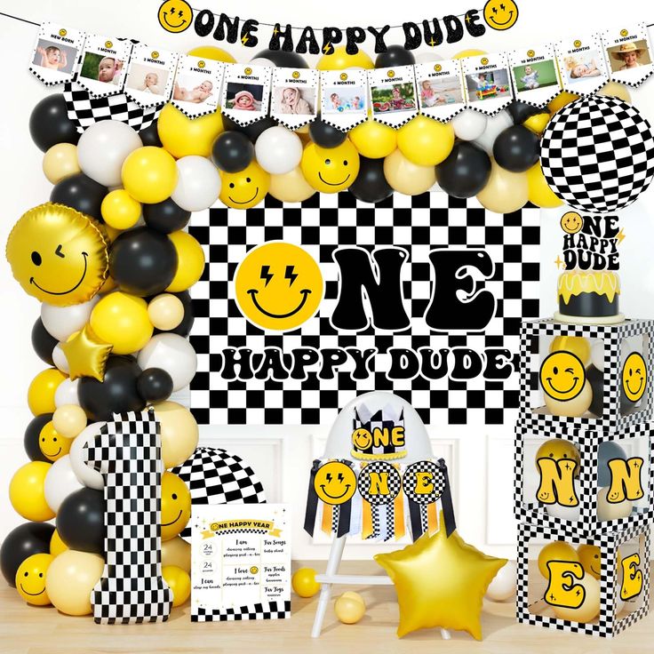 a birthday party with balloons, decorations and pictures on the wall in yellow and black colors