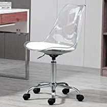 a clear office chair sitting on top of a hard wood floor next to a desk