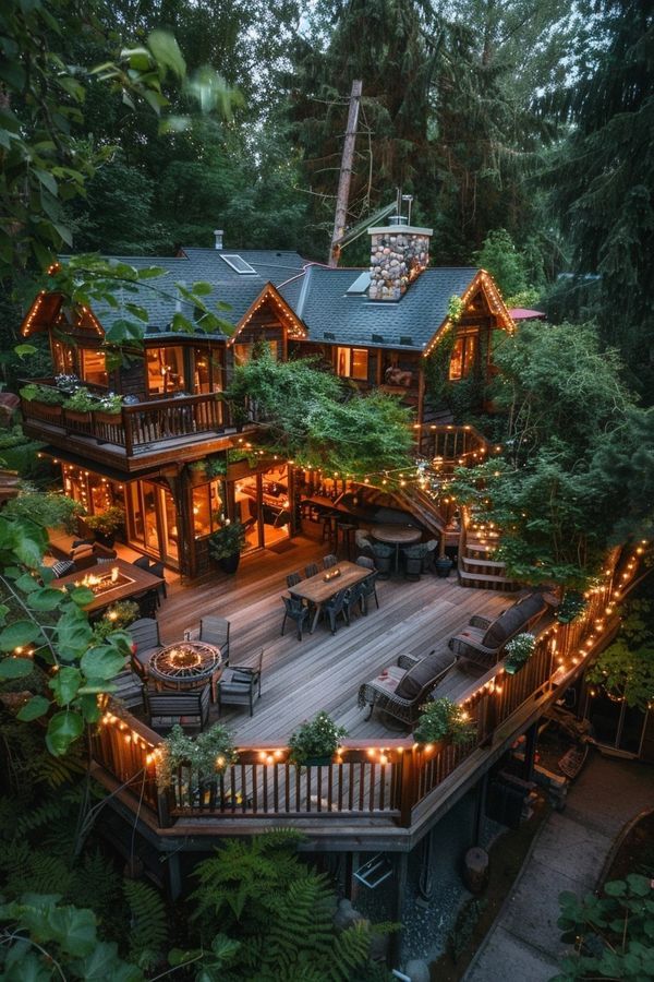 an aerial view of a house in the woods at night with lights on the deck