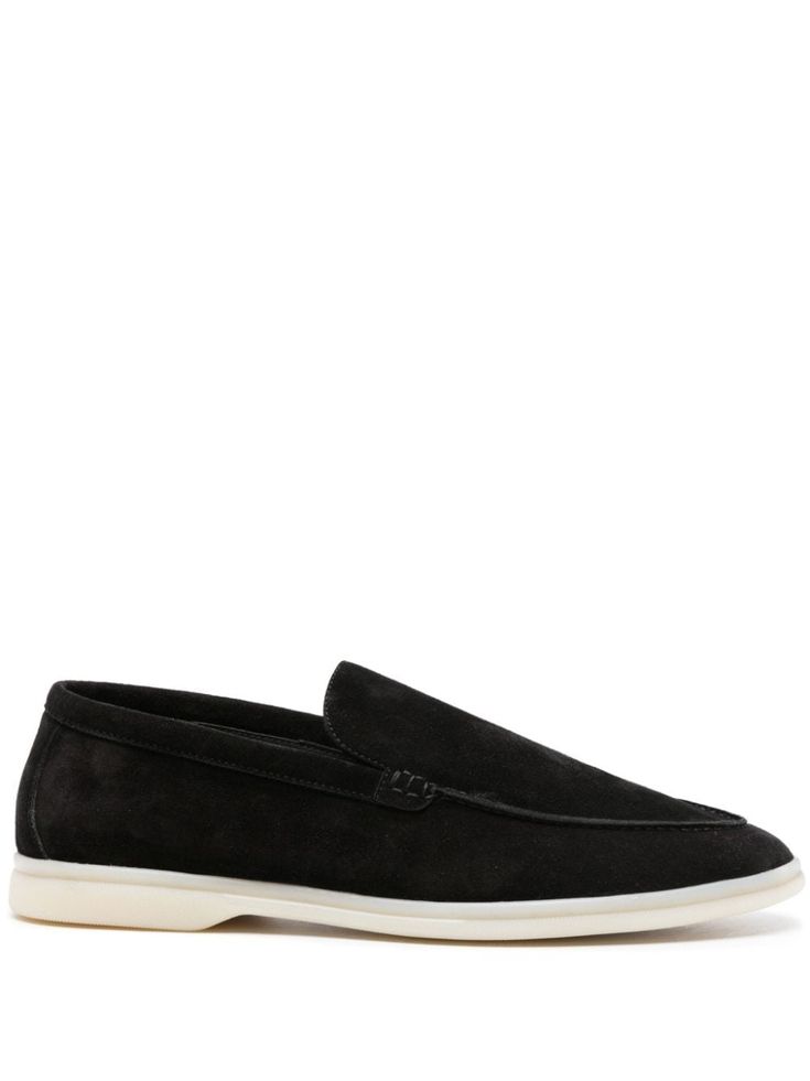 black calf suede slip-on style almond toe branded leather insole flat rubber sole Luxury Slip-on Suede Loafers, Luxury Black Suede Loafers, Classic Suede Slip-on Tassel Loafers, Black Suede Slip-on Tassel Loafers, Masculine Suede Slip-on Loafers, Suede Loafers, Loafer Shoes, Calf Leather, Rubber Sole