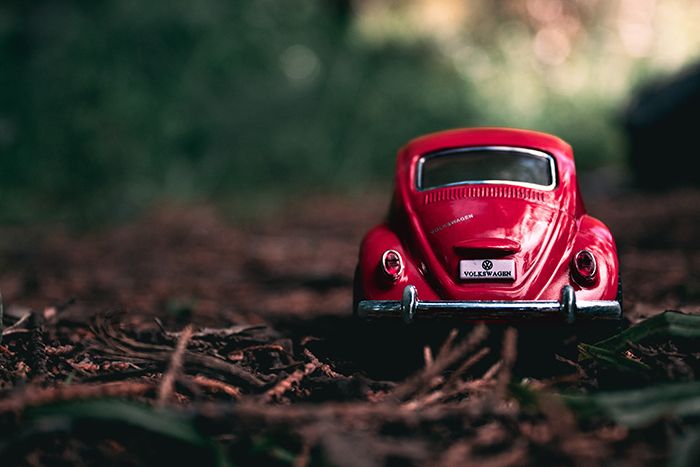 a red toy car sitting on top of a forest floor covered in grass and dirt