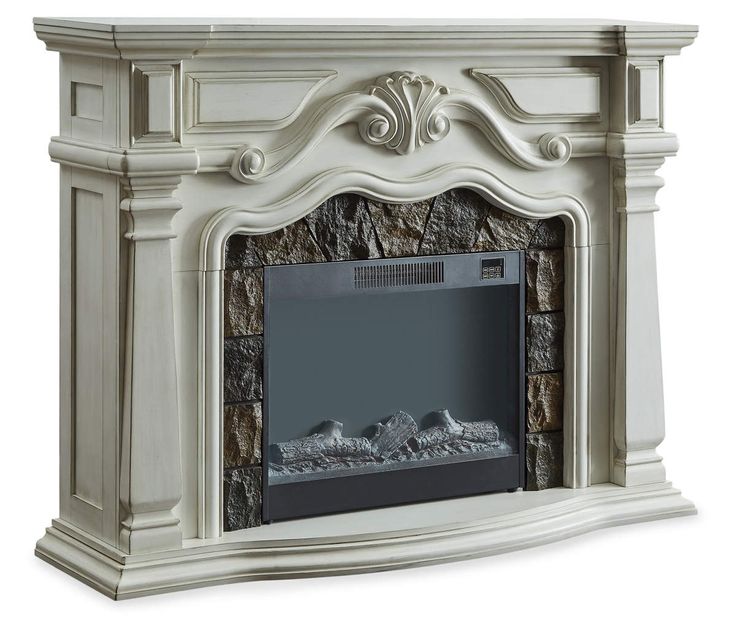 a white fireplace with a stone mantle and fire place in front of it on a white background