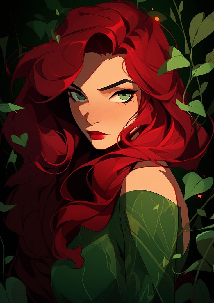 a woman with long red hair and green eyes is surrounded by leaves in the dark