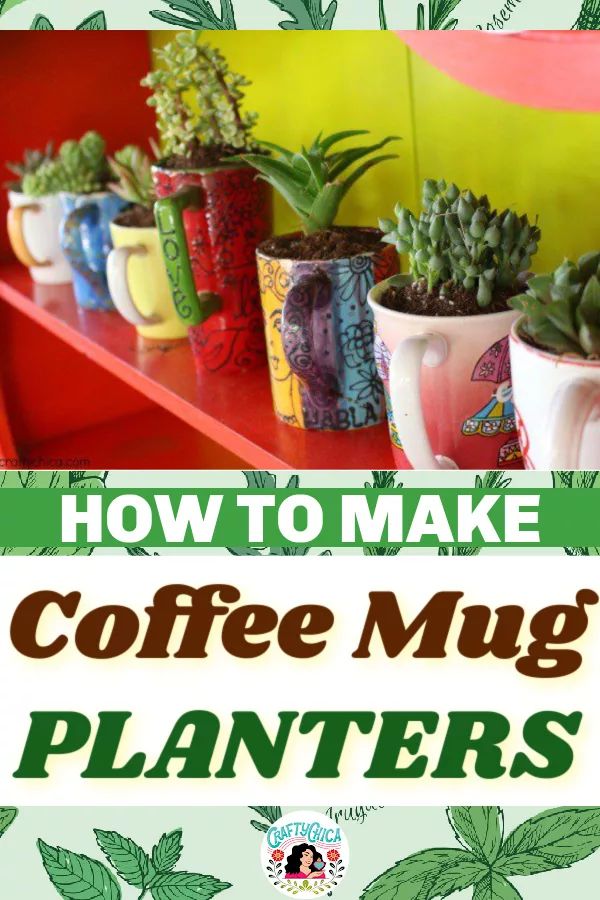 how to make coffee mug planters on a shelf with text overlay that reads, how to make coffee mug planters