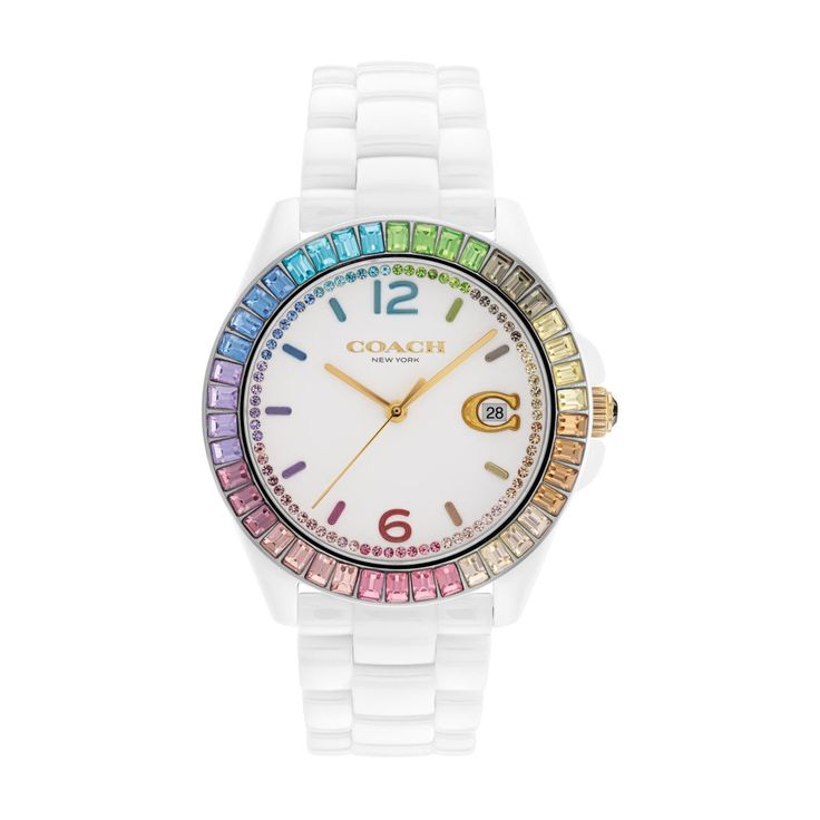 Coach Rainbow with 36MM White Round Dial Ceramic Watch Band Watch Band. GreysonA rainbow is a symbol of peace serenity and hope. It can also represent a sky bridge. Multicolor Watch With Diamond Hour Markers, Multicolor Watches With Diamond Hour Markers, Multicolor Watches With Diamond Hour Markers And Round Dial, Coach Watch, Ceramic Watch, Branding Coach, White Watch, Rainbow Crystal, Coloring Markers