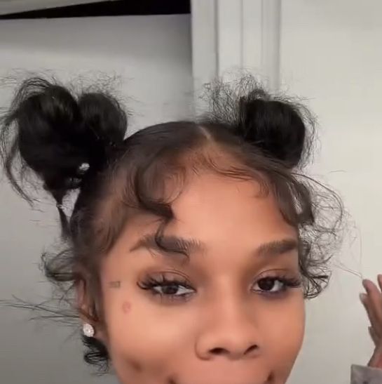 Hairstyles Flat Ironed Hair, Bun And Ponytail Hairstyles, Messy Bun On Short Hair Black Women, Messy Bun Flat Iron Hair, Natural Top Bun, Cute Hairstyles For Short Hair Natural, 2 Bun Natural Hairstyles, Hairstyles For Short Silk Press, Space Buns With Edges