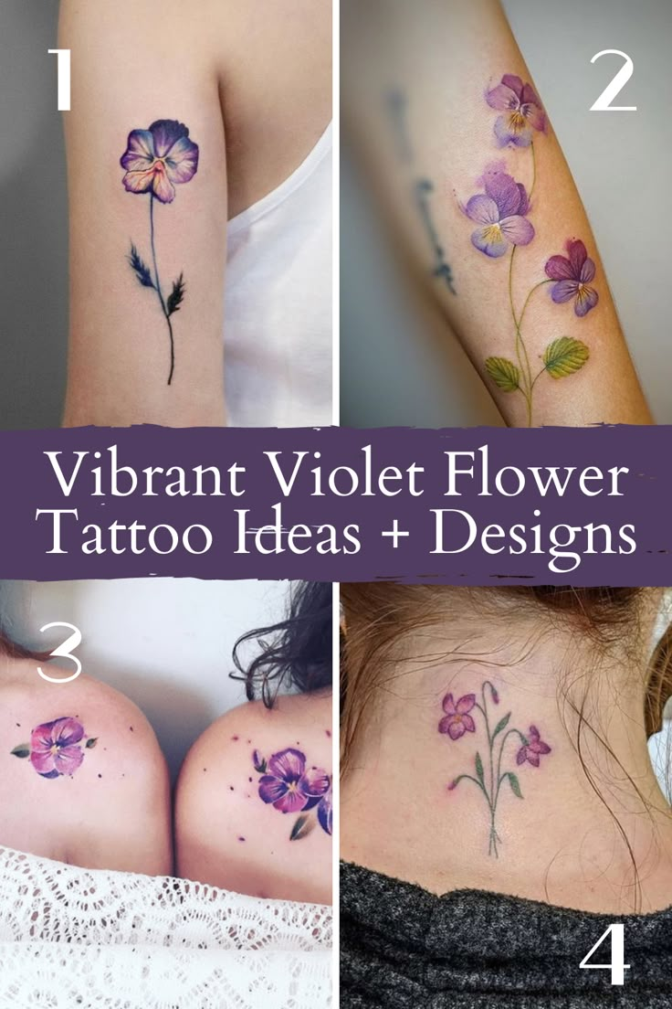 four different tattoos with purple flowers on their backs and the words vibrant violet flower tattoo