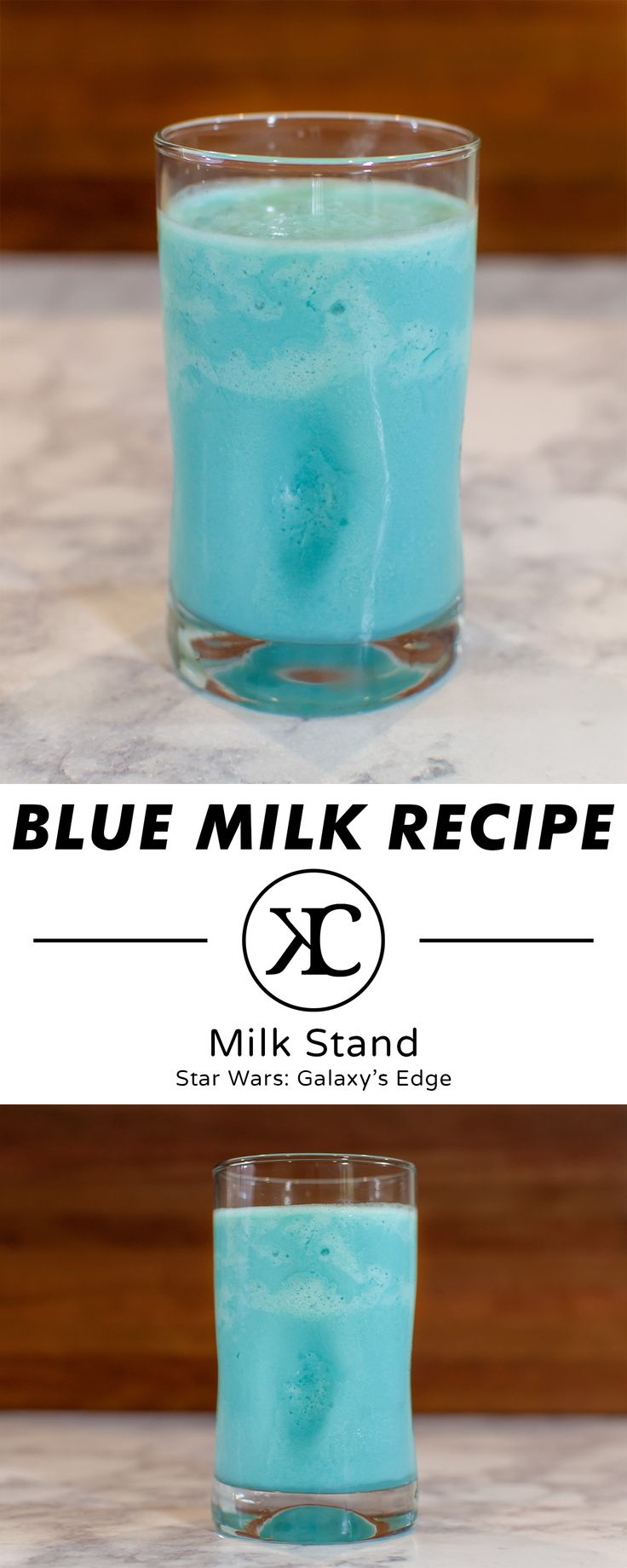 blue milk in a glass with the words blue milk recipe on top and below it