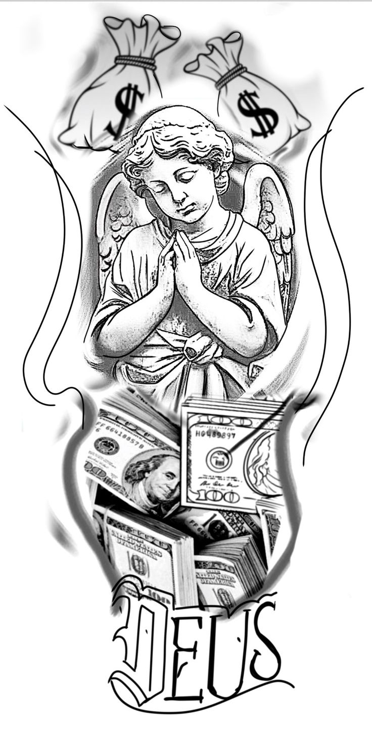 a drawing of an angel with money in his hands and the words jesus above it