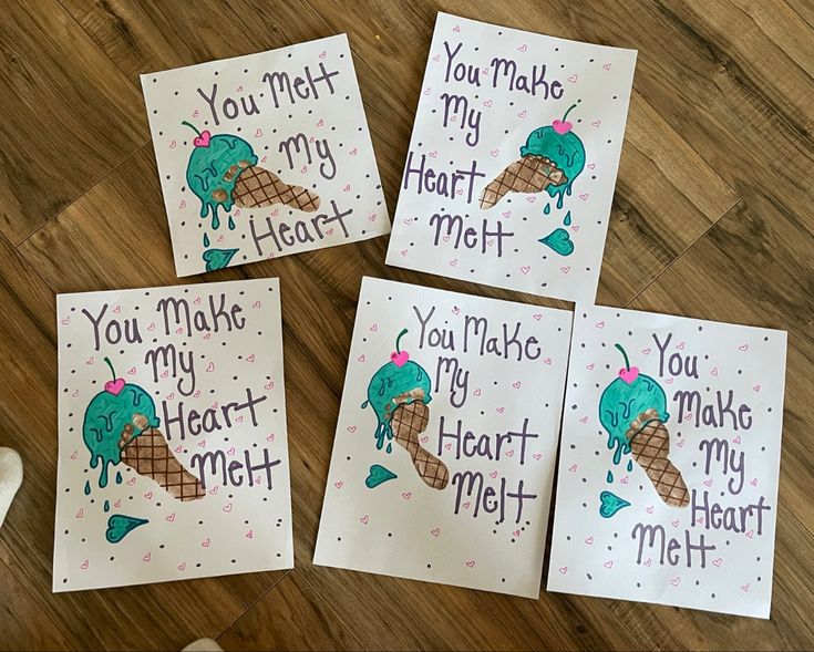 four greeting cards with ice cream cones and the words you make my heart melt on them