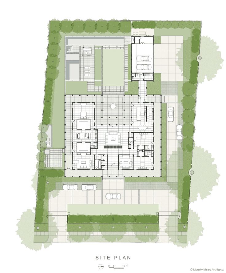 the site plan is shown in green and has several rooms on each level, including one bedroom