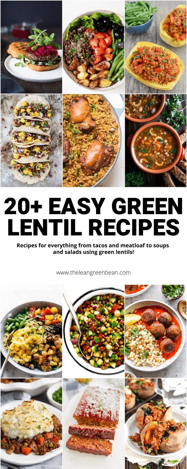 the cover of 20 easy green lentil recipes with pictures of different dishes and vegetables