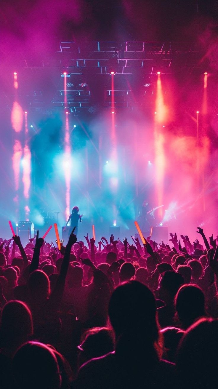 a concert scene with people on stage and lights in the background, some holding up their hands