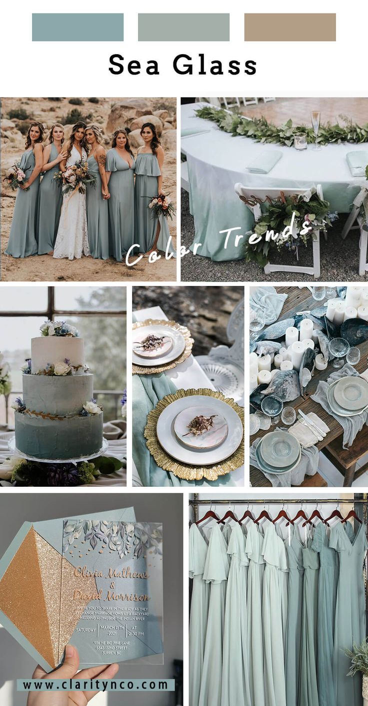 a collage of photos with different colors and styles of wedding party items, including blue and