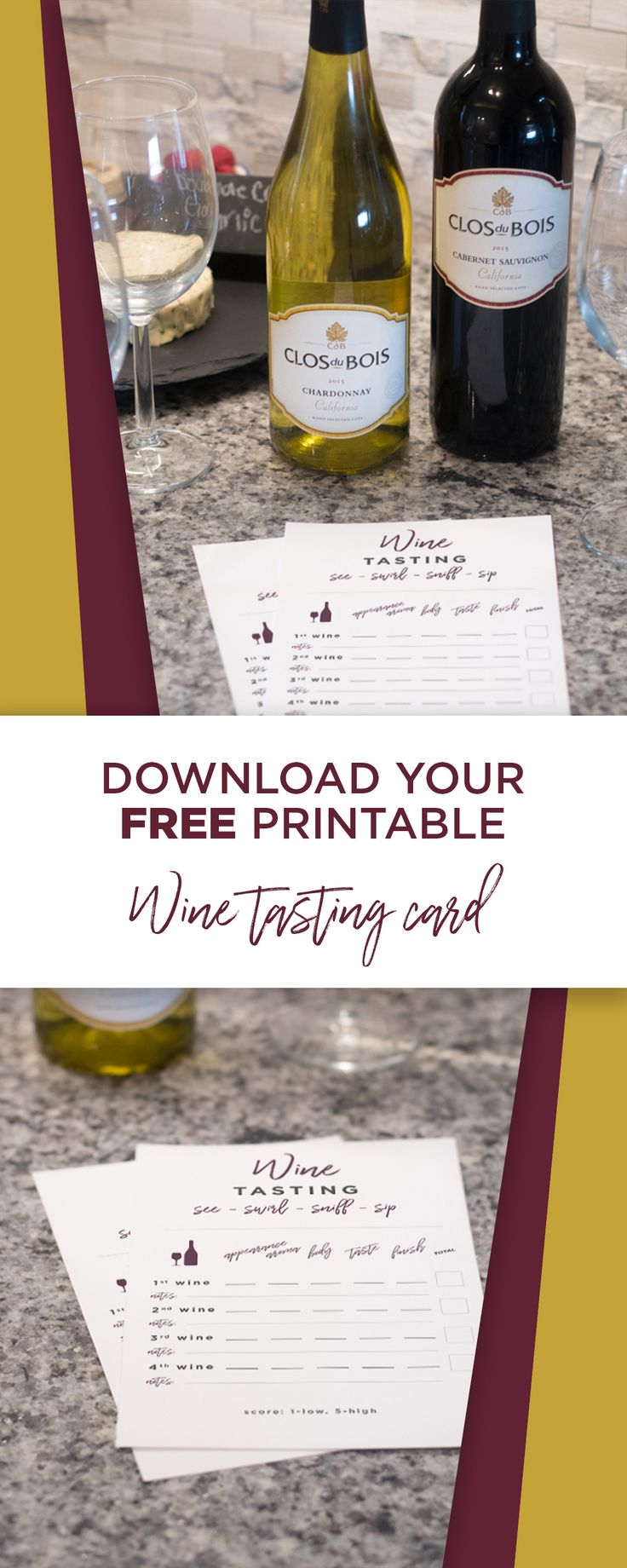 two bottles of wine sitting on top of a counter next to glasses and paper with the words, free printable wine tasting card