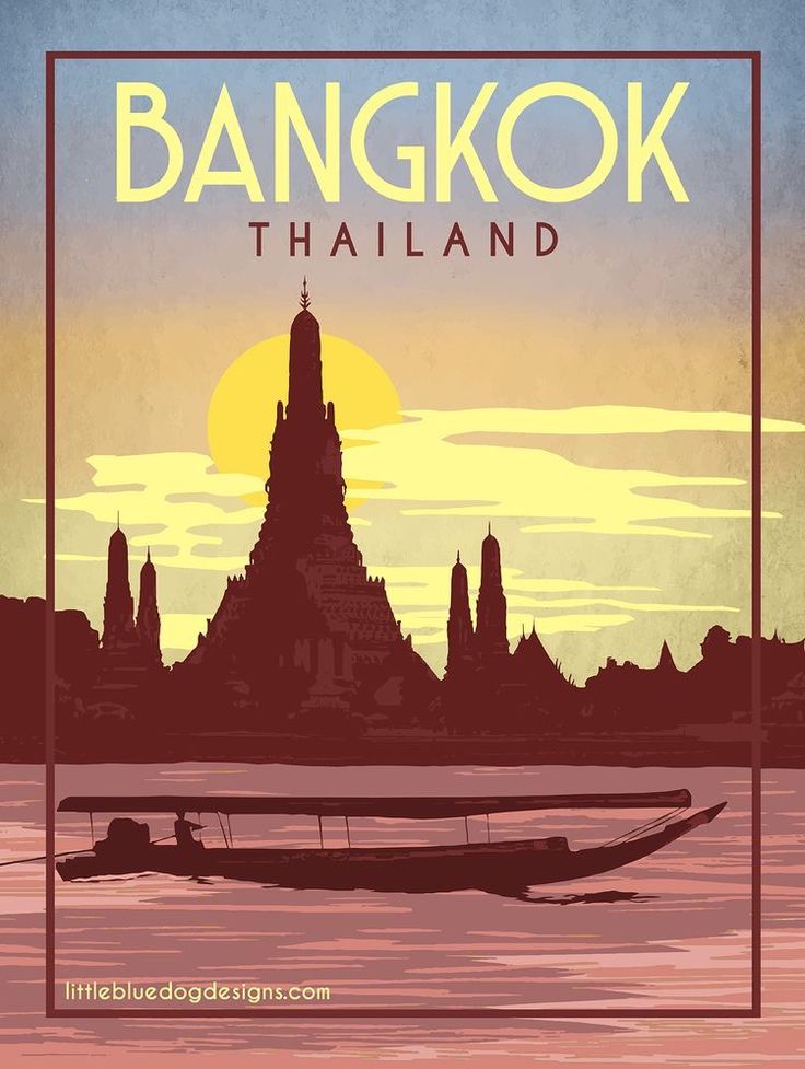 an illustration of a boat in front of a tall building with the words bangkok on it